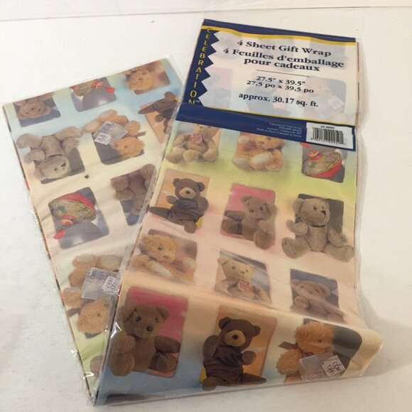New vintage gift wrapping paper teddy bears spin tin top celebration 4 sheets - Picture 2 of 5